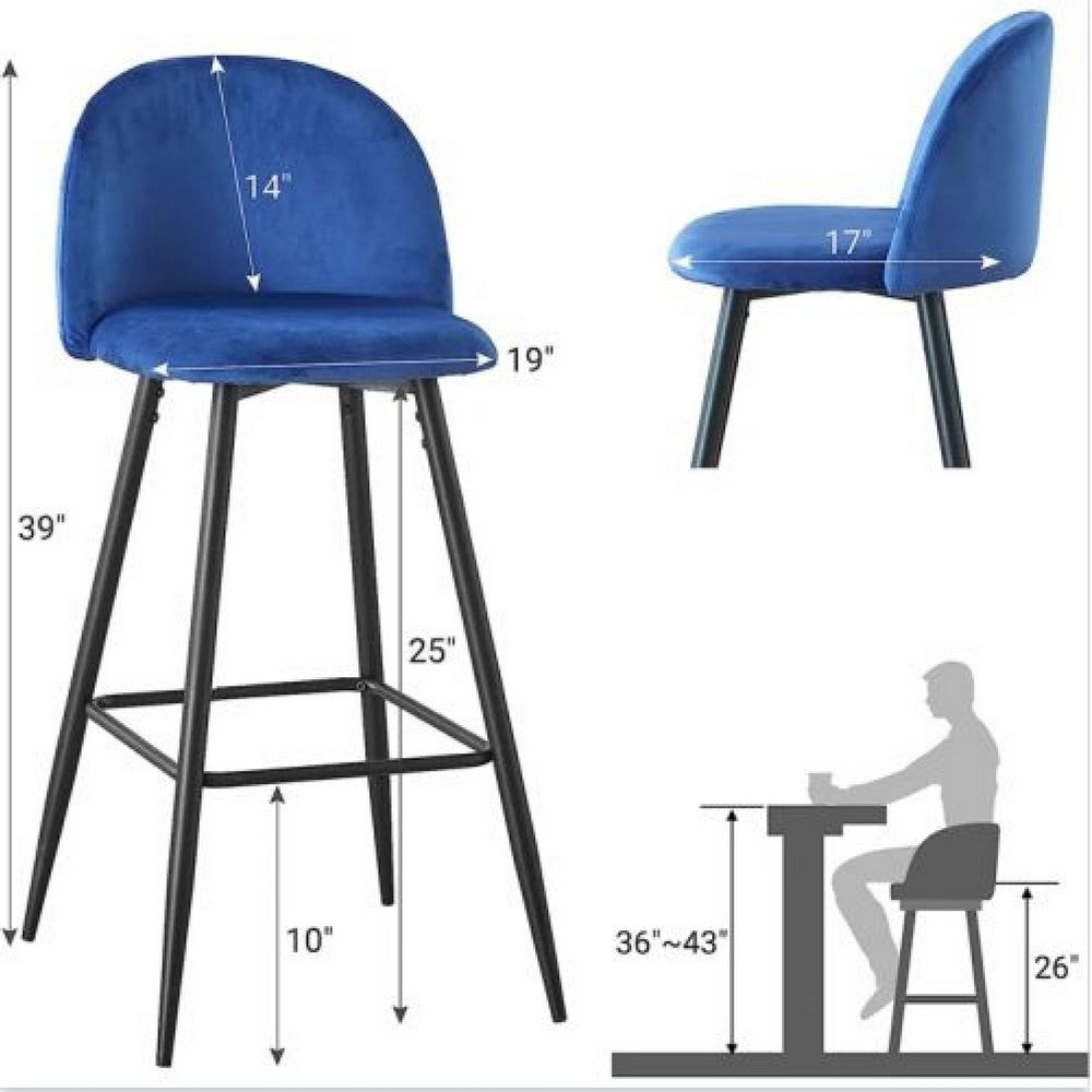 Hezy Bar Stool Chair Set of 2 | Royal Blue Velvet Upholstery | Black