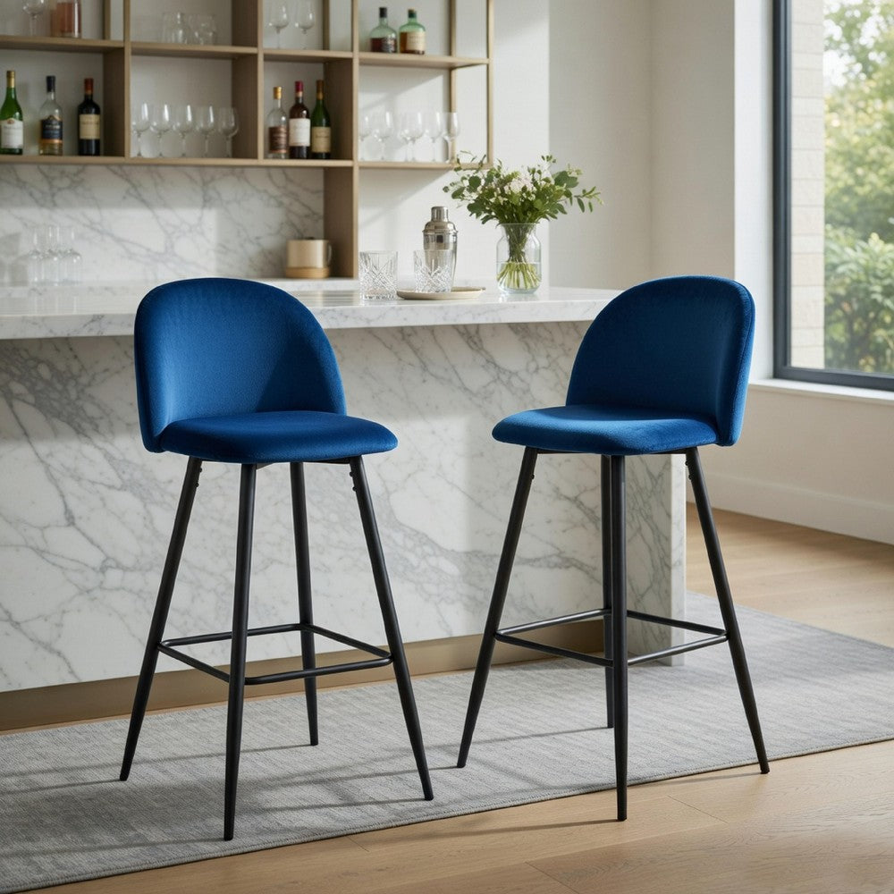 Hezy Bar Stool Chair Set of 2 | Royal Blue Velvet Upholstery | Black