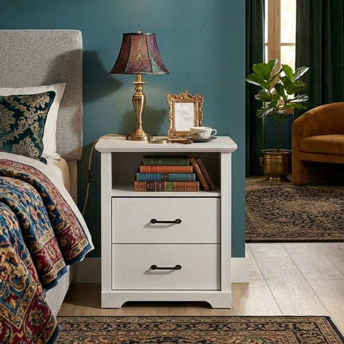 Jori Bedside Nightstand | 2 Drawers | USB Ports | 1 Open Shelf | White