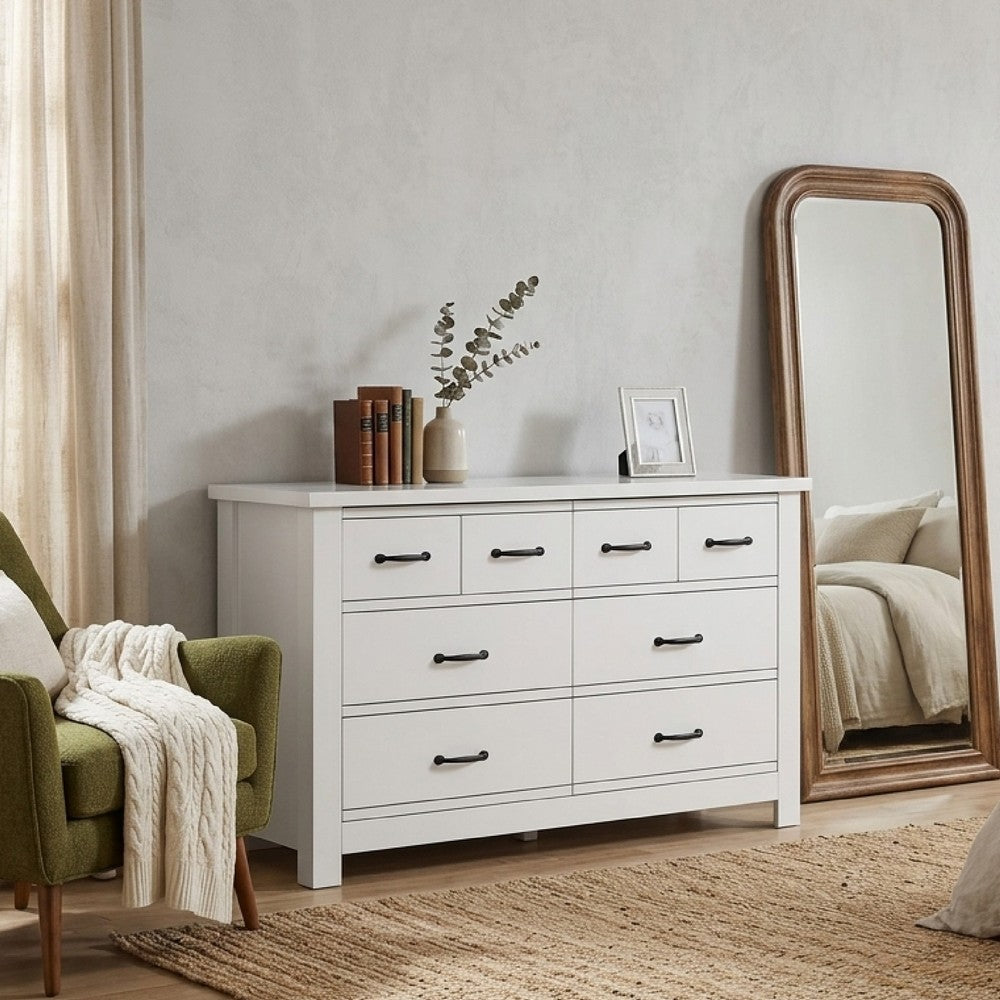 Nori 51" Wide Dresser | 6 Drawers with Split Top | Black Handles | White