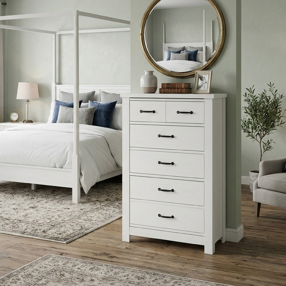 Nori Tall Dresser Chest | 5 Drawers with Split Top | Black Handles | White