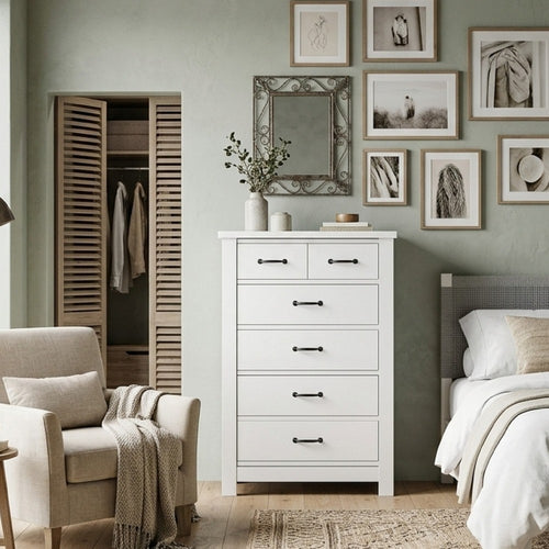 Nori Tall Dresser Chest | 5 Drawers with Split Top | Black Handles | White