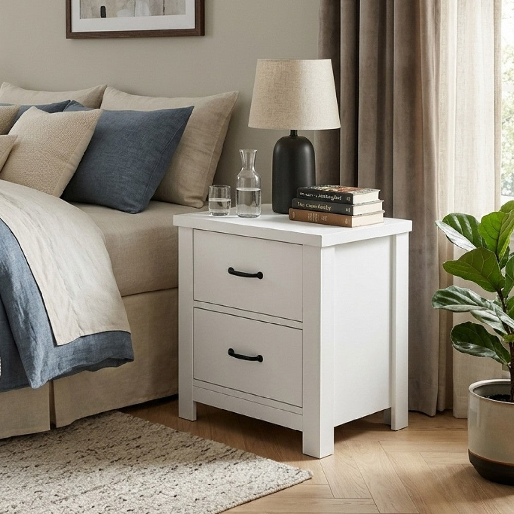 Nori Bedside Low Nightside | 2 Drawers with Black Metal Handles | White