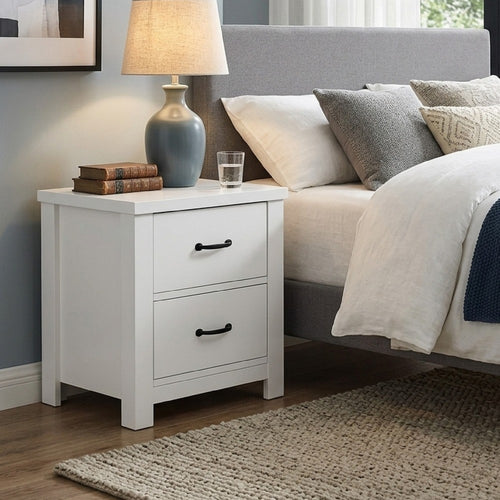 Nori Bedside Low Nightside | 2 Drawers with Black Metal Handles | White