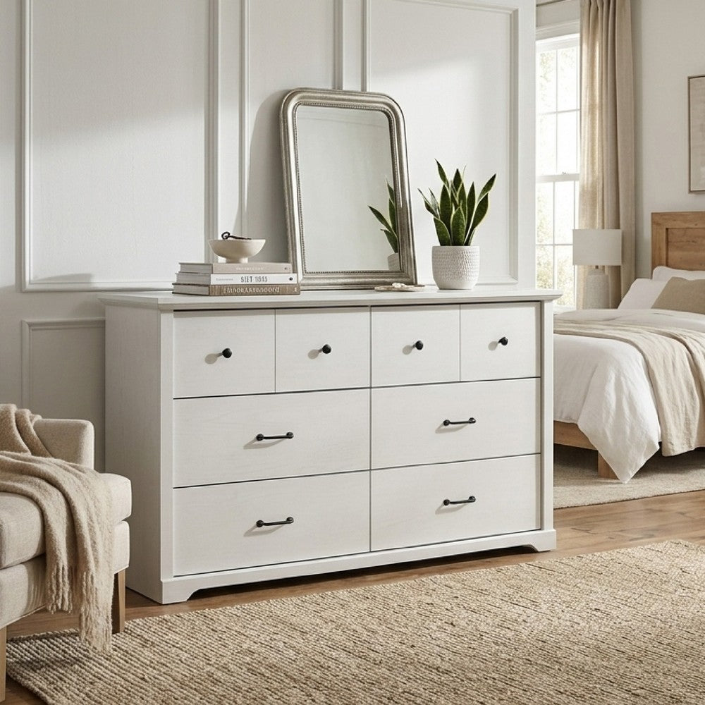 Jori Wide Dresser | 6 Drawers with Split Top | Black Handles | White