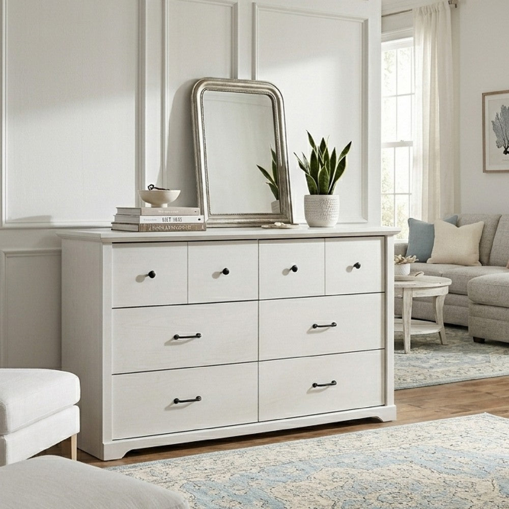 Jori Wide Dresser | 6 Drawers with Split Top | Black Handles | White