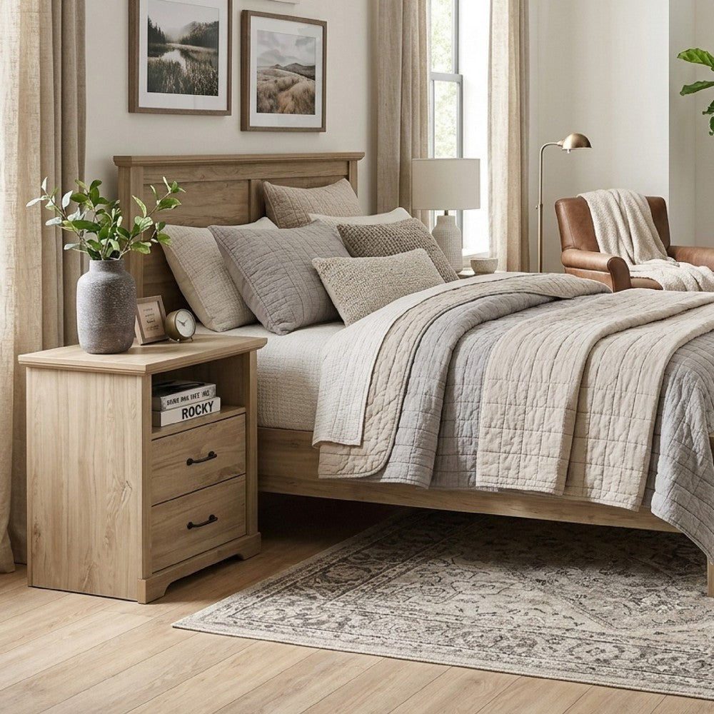 Jori Bedside Nightstand | 2 Drawers | USB Ports | 1 Open Shelf | Oak Brown