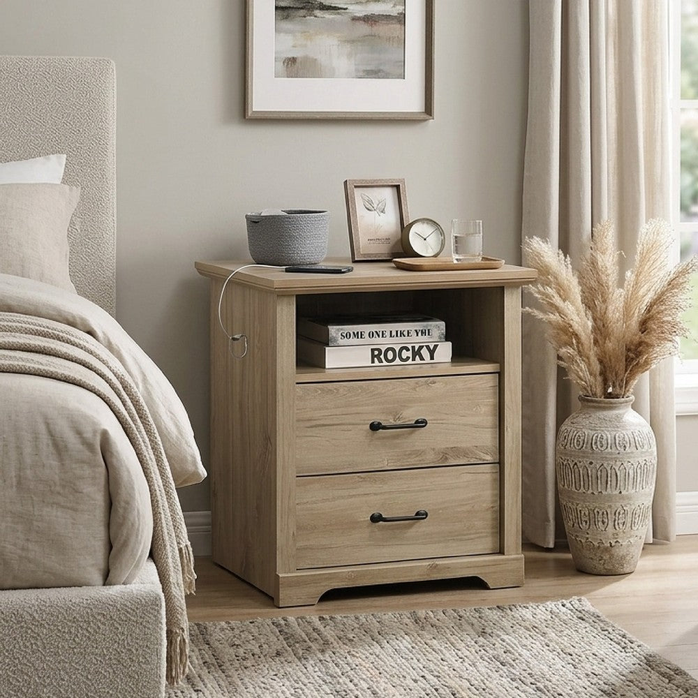 Jori Bedside Nightstand | 2 Drawers | USB Ports | 1 Open Shelf | Oak Brown