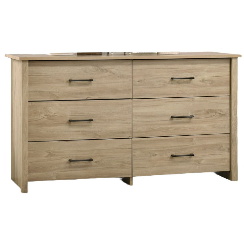 Kori Wide Dresser | 6 Drawers with Black Handles | Light Oak Brown