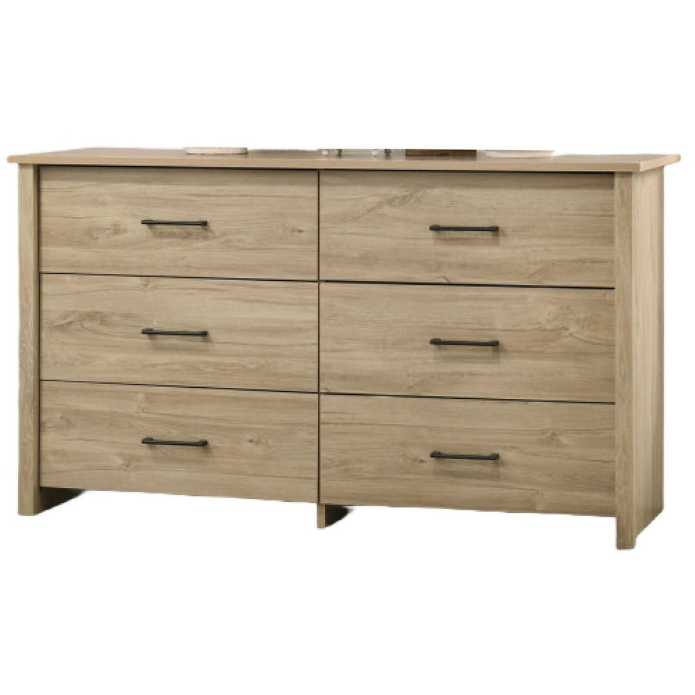 Kori Wide Dresser | 6 Drawers with Black Handles | Light Oak Brown
