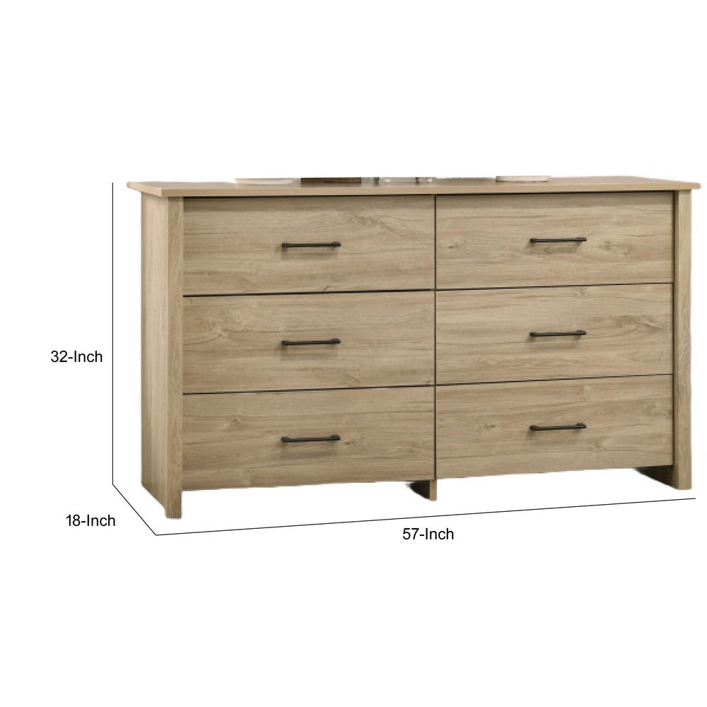 Kori Wide Dresser | 6 Drawers with Black Handles | Light Oak Brown