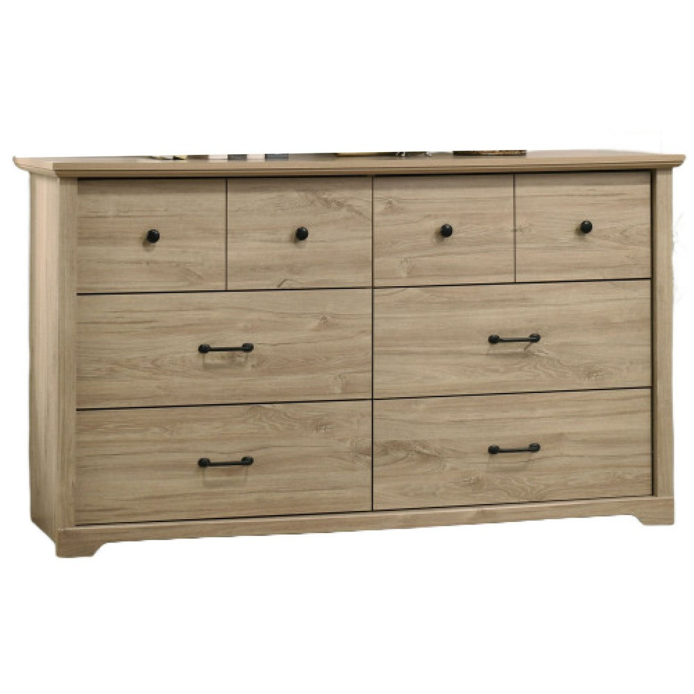 Jori Wide Dresser | 6 Drawers with Split Top | Black Handles | Oak Brown