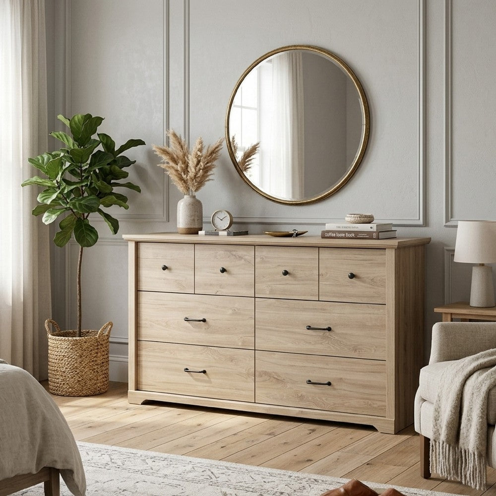Jori Wide Dresser | 6 Drawers with Split Top | Black Handles | Oak Brown