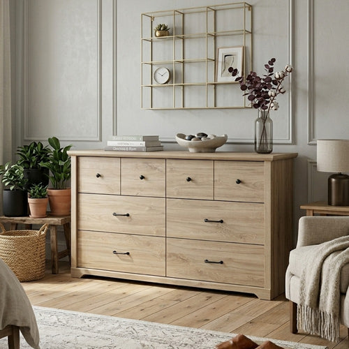 Jori Wide Dresser | 6 Drawers with Split Top | Black Handles | Oak Brown