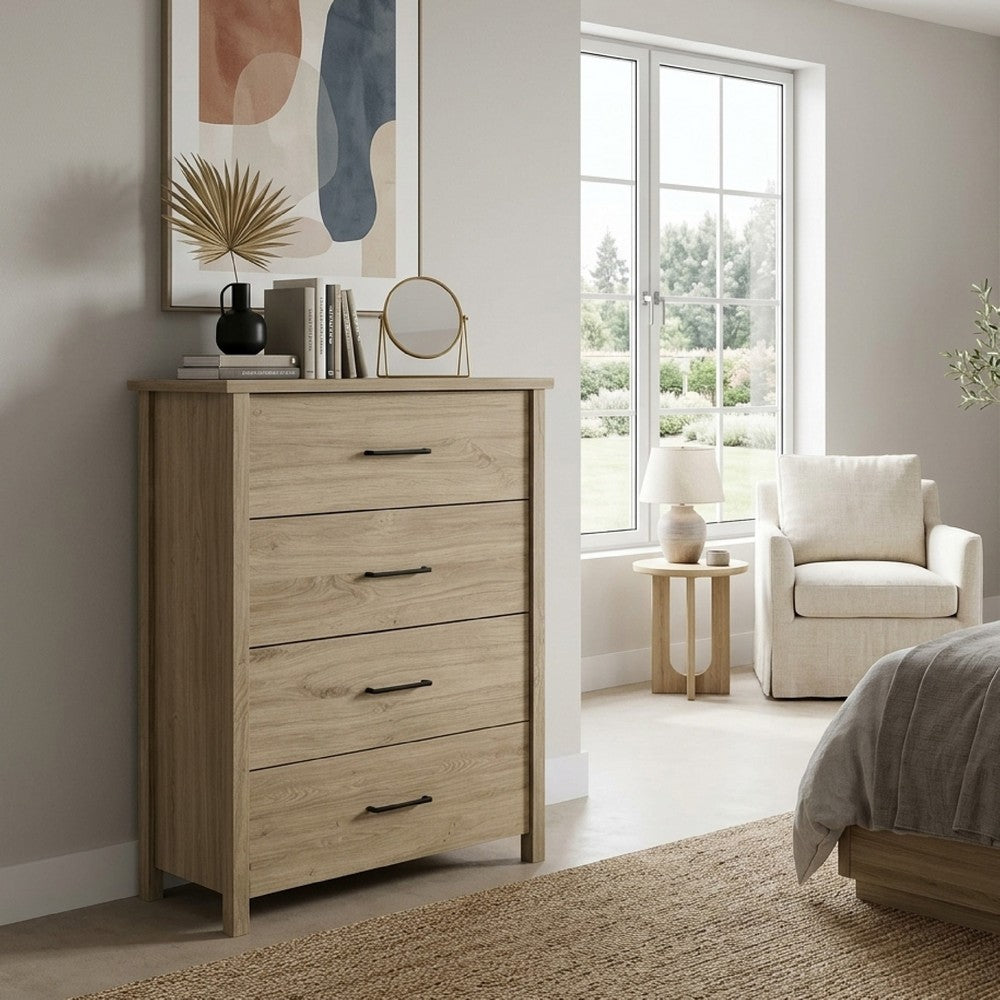 Kori Tall Dresser Chest | 4 Drawers with Black Handles | Light Oak Brown