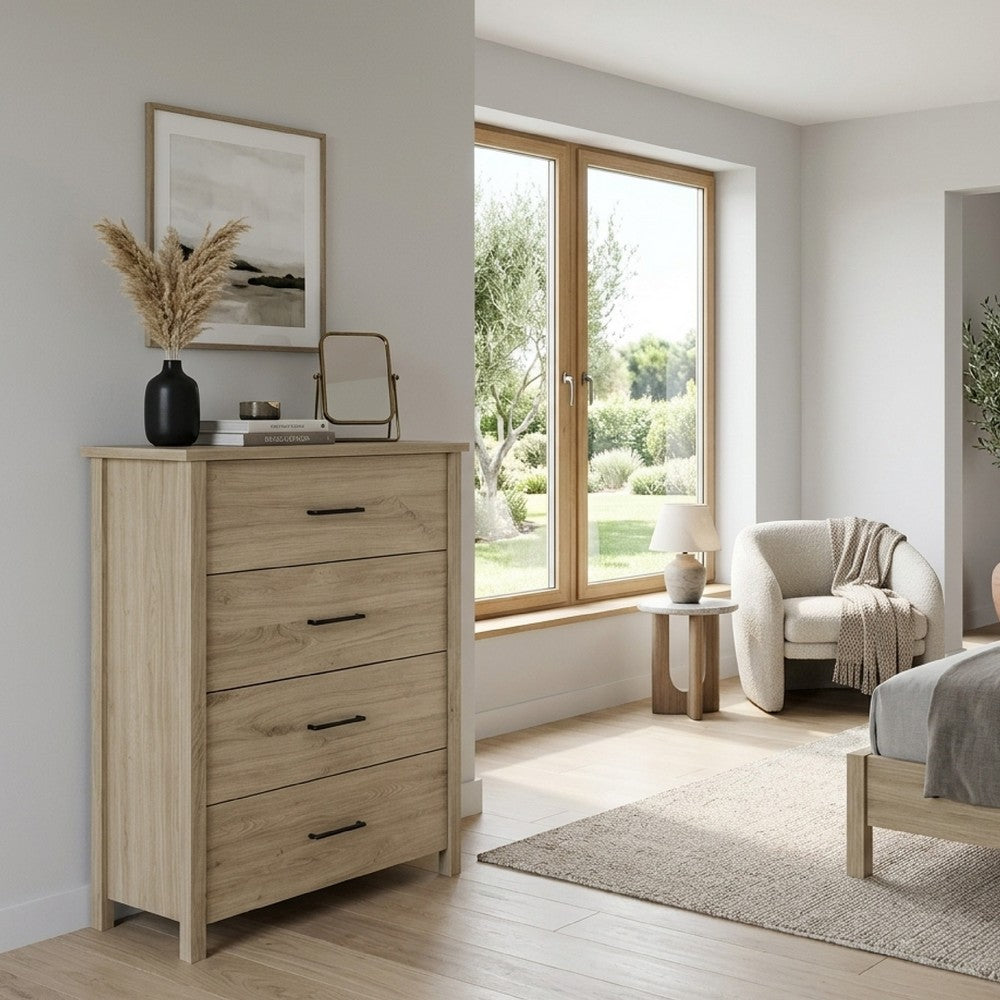 Kori Tall Dresser Chest | 4 Drawers with Black Handles | Light Oak Brown