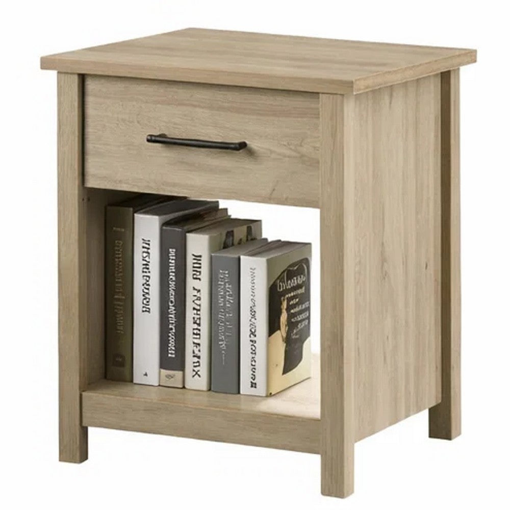 Kori Nightstand | 1 Drawer and Open Shelf | Black Pulls | Oak Brown
