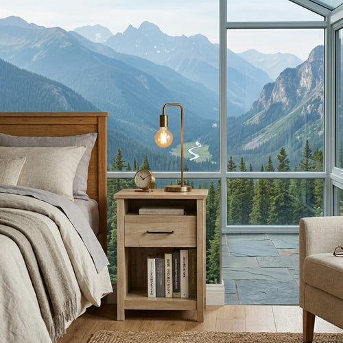 Kori Nightstand | 1 Drawer and Open Shelf | Black Pulls | Oak Brown