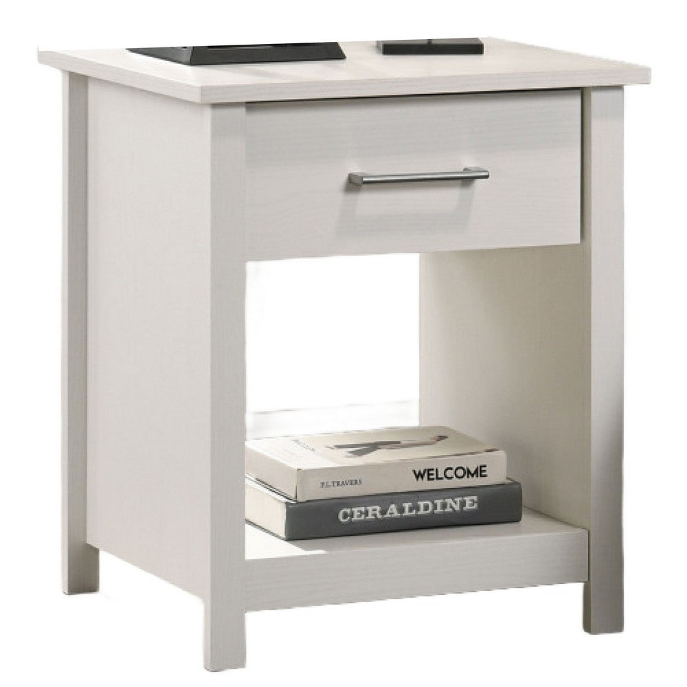 Kori Nightstand | 1 Drawer and Open Shelf | Silver Pulls | White