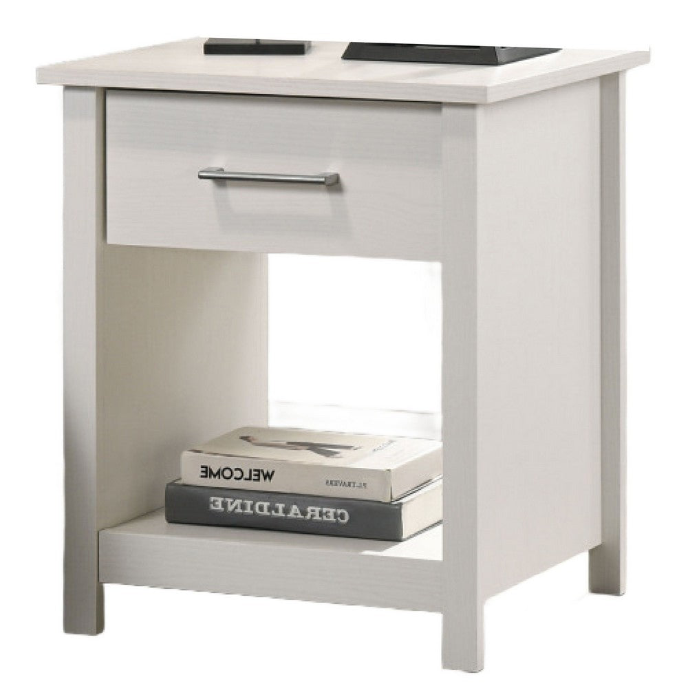 Kori Nightstand | 1 Drawer and Open Shelf | Silver Pulls | White