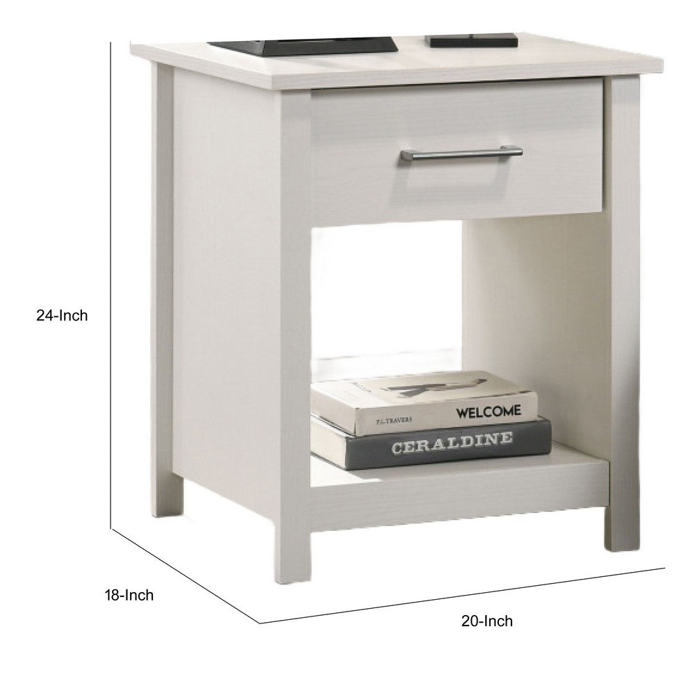 Kori Nightstand | 1 Drawer and Open Shelf | Silver Pulls | White