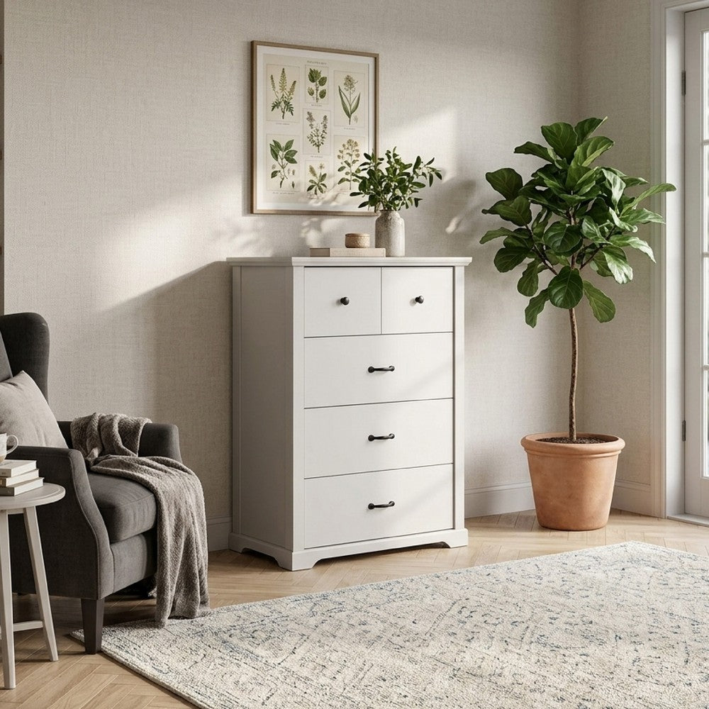 Jori Tall Dresser Chest | 4 Drawers with Split Top | Black Handles | White