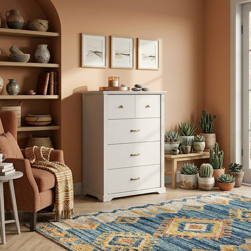 Jori Tall Dresser Chest | 4 Drawers with Split Top | Black Handles | White