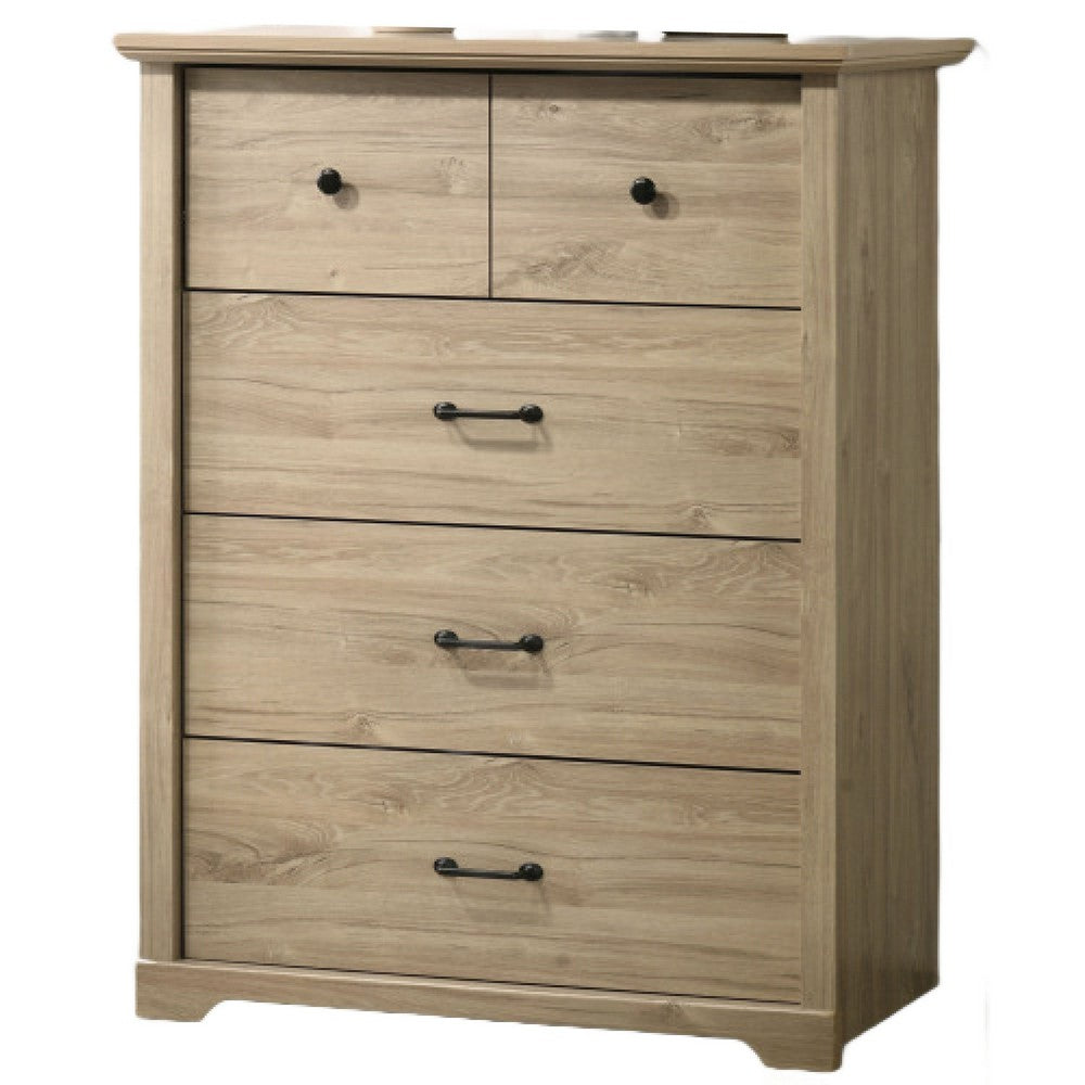 Jori Tall Dresser Chest | 4 Drawers | Split Top | Black Handles | Oak Brown