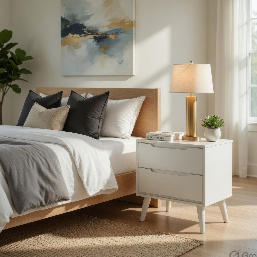 Liza Nightstand | 2 Drawers | Recessed Handles | Tapered Legs | White
