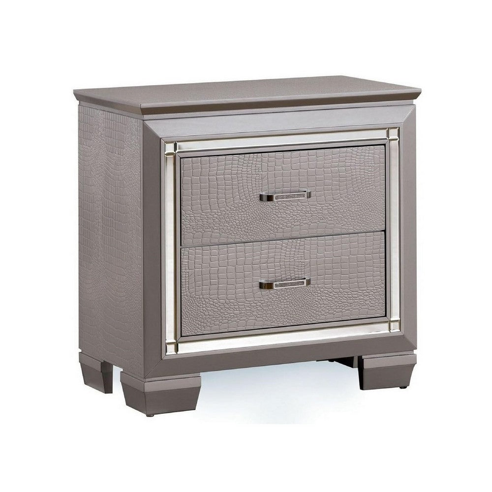 Nightstand with LED | 2 Drawers | Crocodile Texture | Silver Mirror