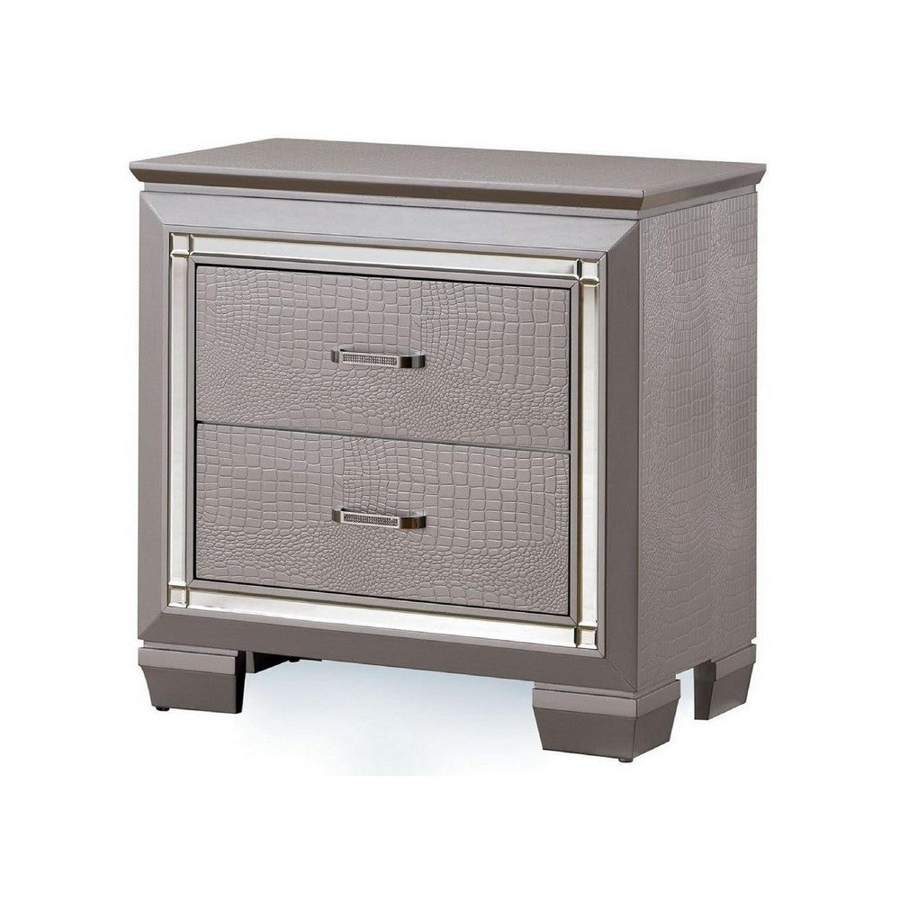 Nightstand with LED | 2 Drawers | Crocodile Texture | Silver Mirror