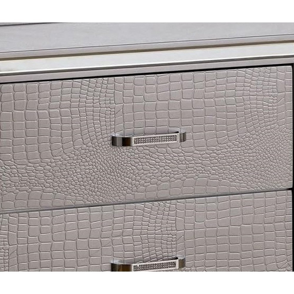 Nightstand with LED | 2 Drawers | Crocodile Texture | Silver Mirror