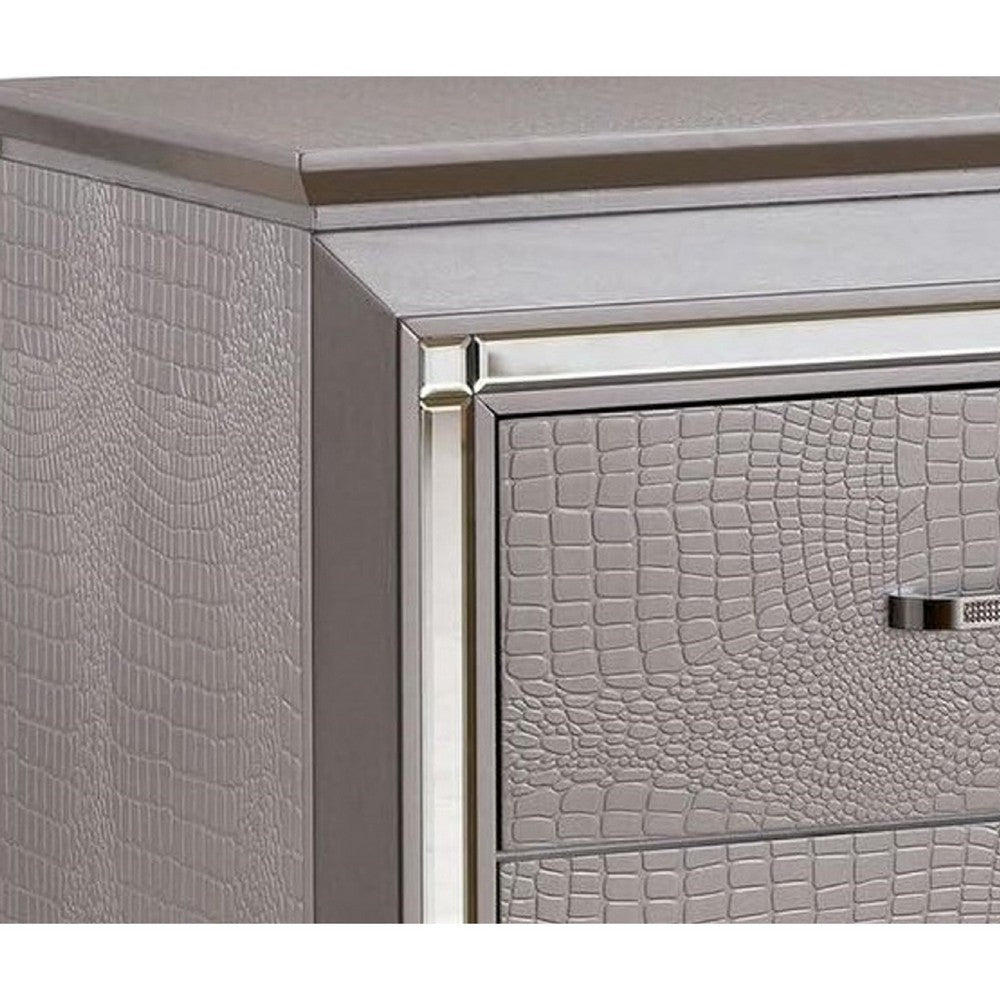 Nightstand with LED | 2 Drawers | Crocodile Texture | Silver Mirror