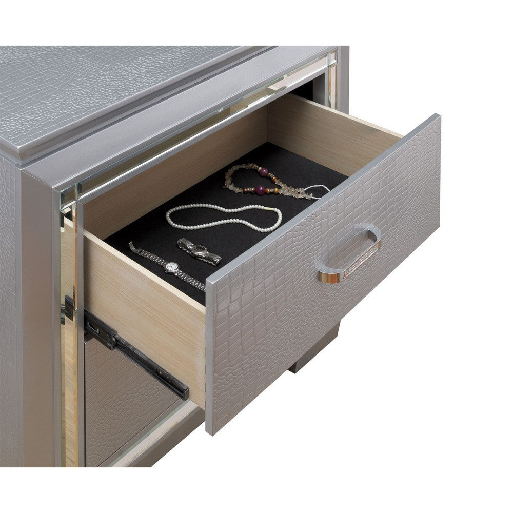 Nightstand with LED | 2 Drawers | Crocodile Texture | Silver Mirror