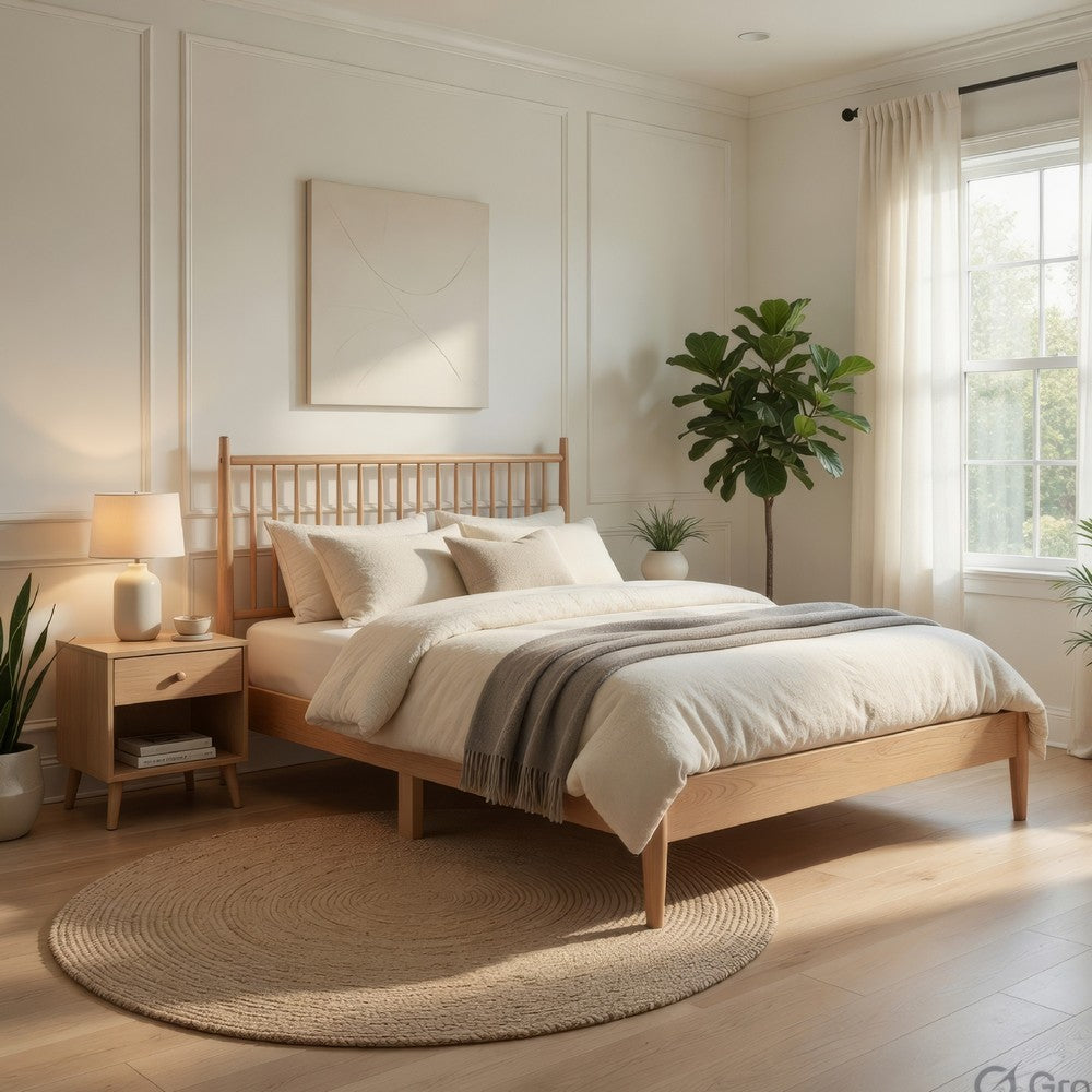 Kell Queen Platform Bed | Vertical Slatted Headboard | Natural Brown