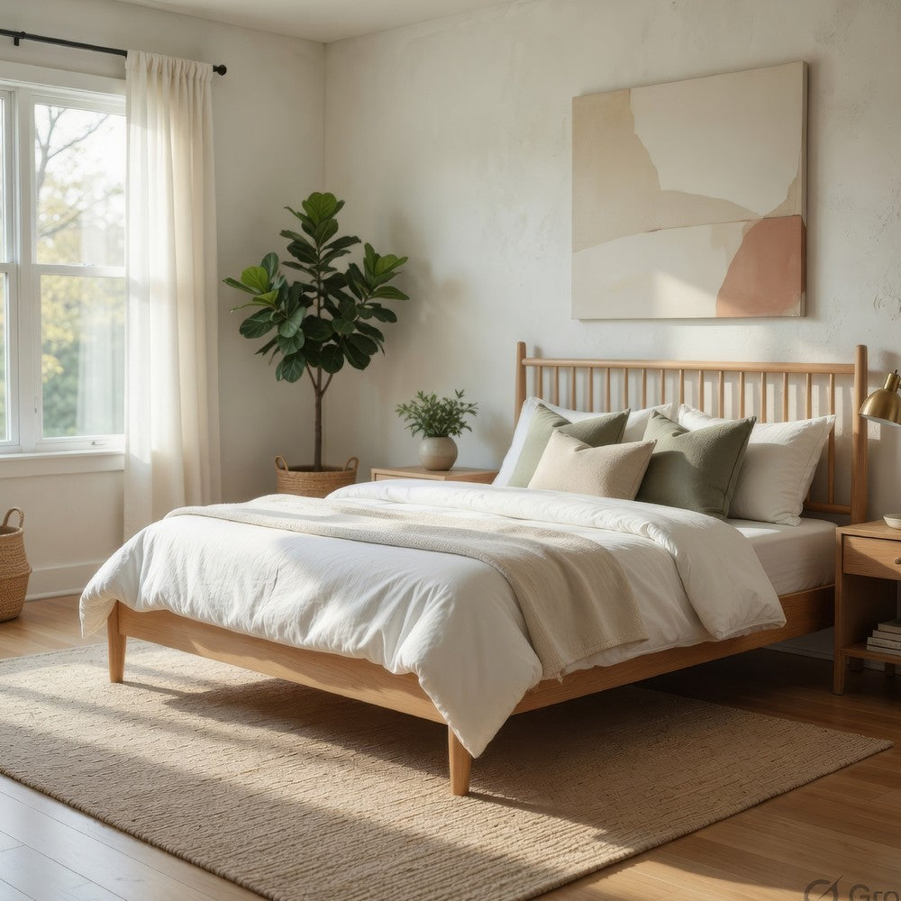 Kell Queen Platform Bed | Vertical Slatted Headboard | Natural Brown