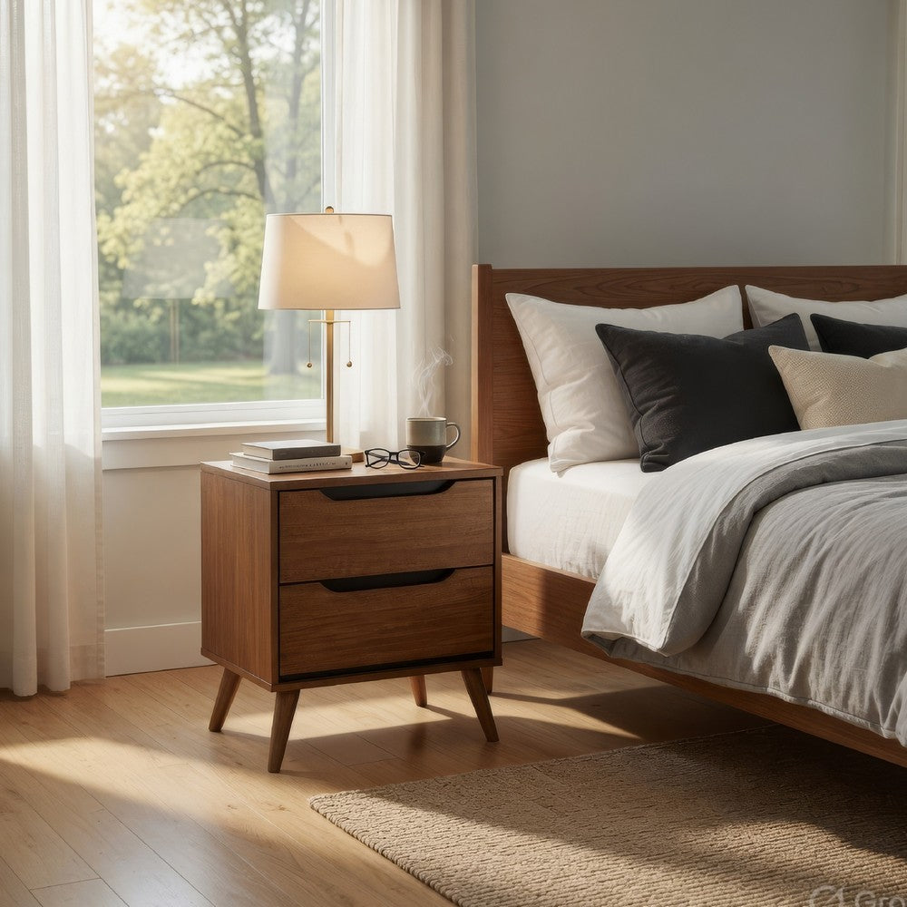 Liza Nightstand | 2 Drawers | Recessed Handles | Tapered Legs | Oak Brown