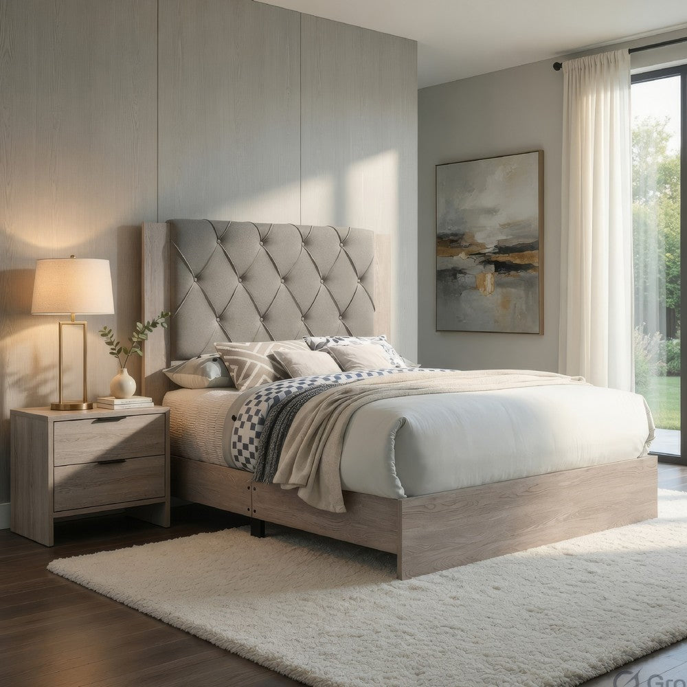 Keza Queen Size Bed | Gray Diamond Tufted Upholstery | Ash Cream Frame