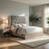 Keza Queen Size Bed | Gray Diamond Tufted Upholstery | Ash Cream Frame