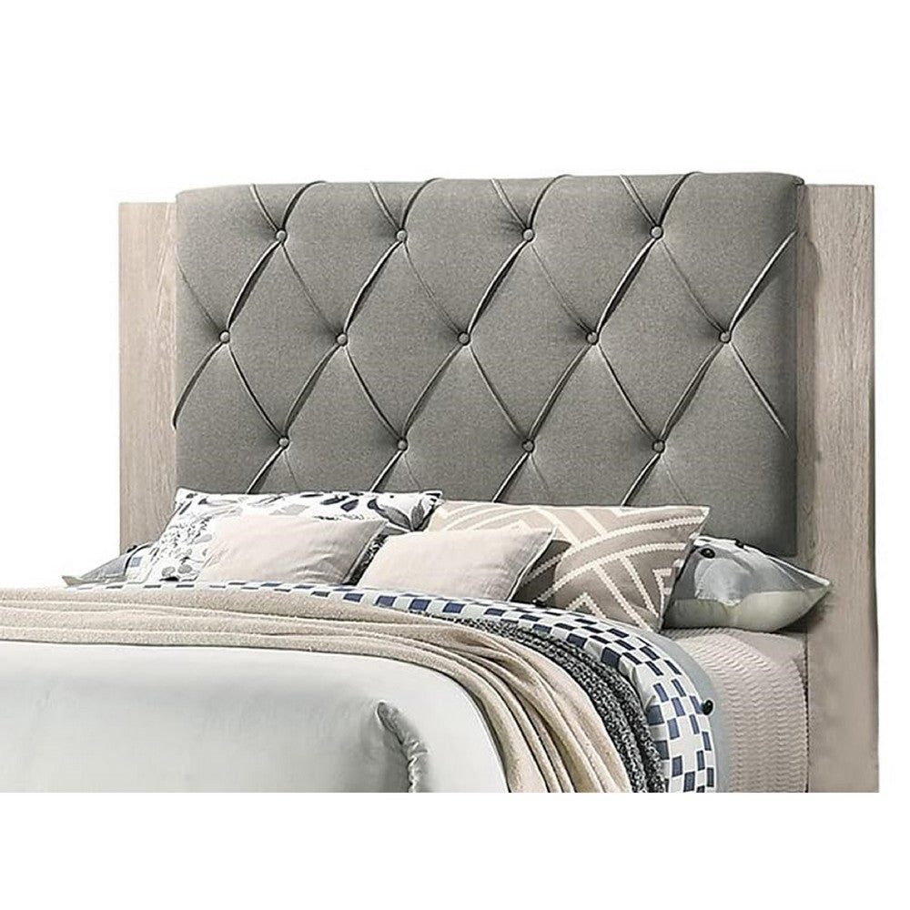 Keza California King Size Bed | Gray Tufted Upholstery | Ash Cream Frame