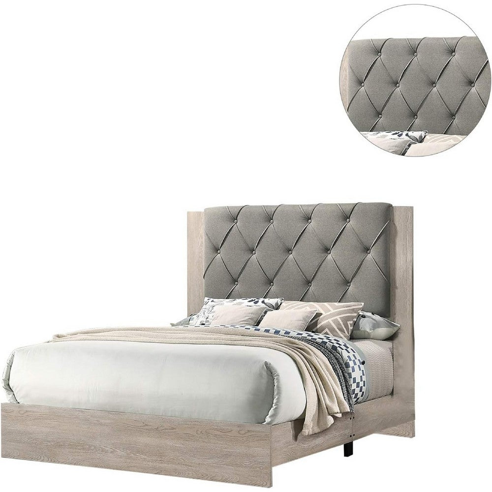 Keza California King Size Bed | Gray Tufted Upholstery | Ash Cream Frame