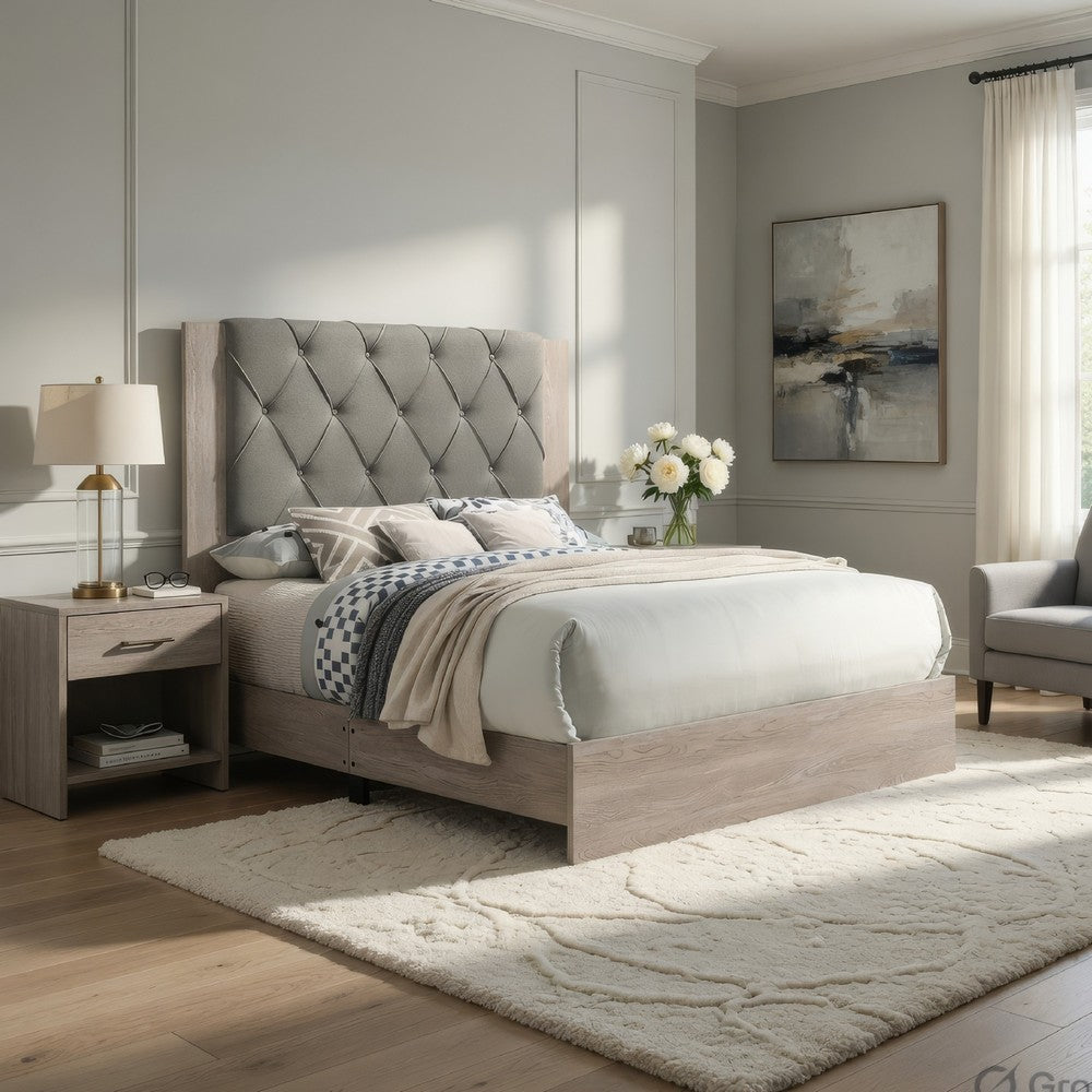 Keza California King Size Bed | Gray Tufted Upholstery | Ash Cream Frame