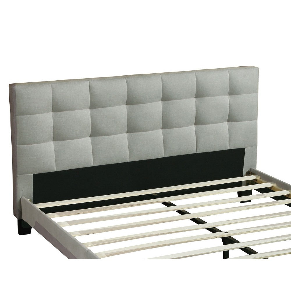 Seza Queen Size Platform Bed | Tufted Light Gray Linen Upholstery