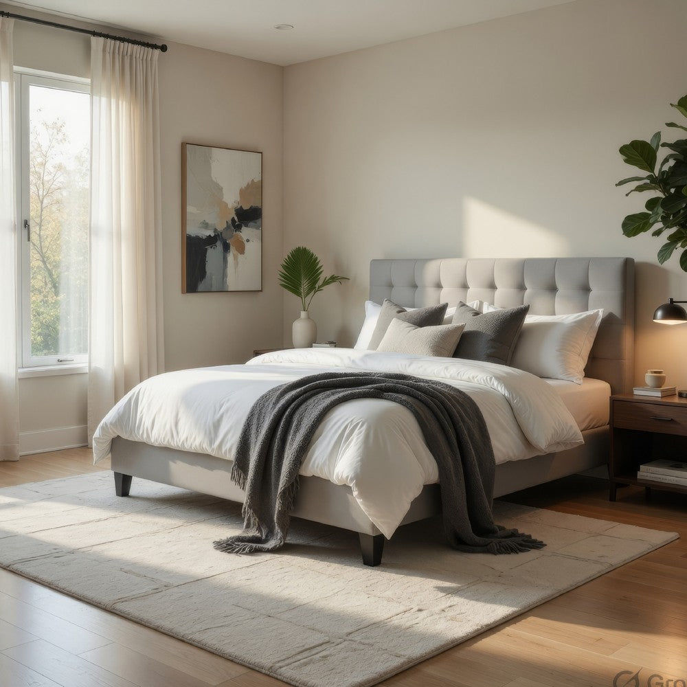 Seza Queen Size Platform Bed | Tufted Light Gray Linen Upholstery