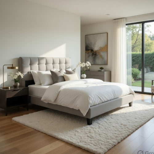 Seza Queen Size Platform Bed | Tufted Light Gray Linen Upholstery