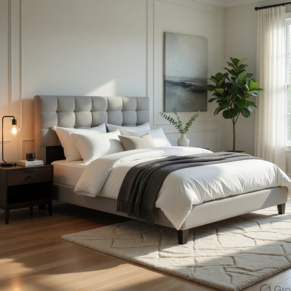 Seza King Size Platform Bed | Tufted Light Gray Linen Upholstery