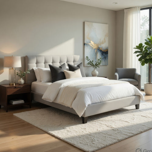 Seza King Size Platform Bed | Tufted Light Gray Linen Upholstery