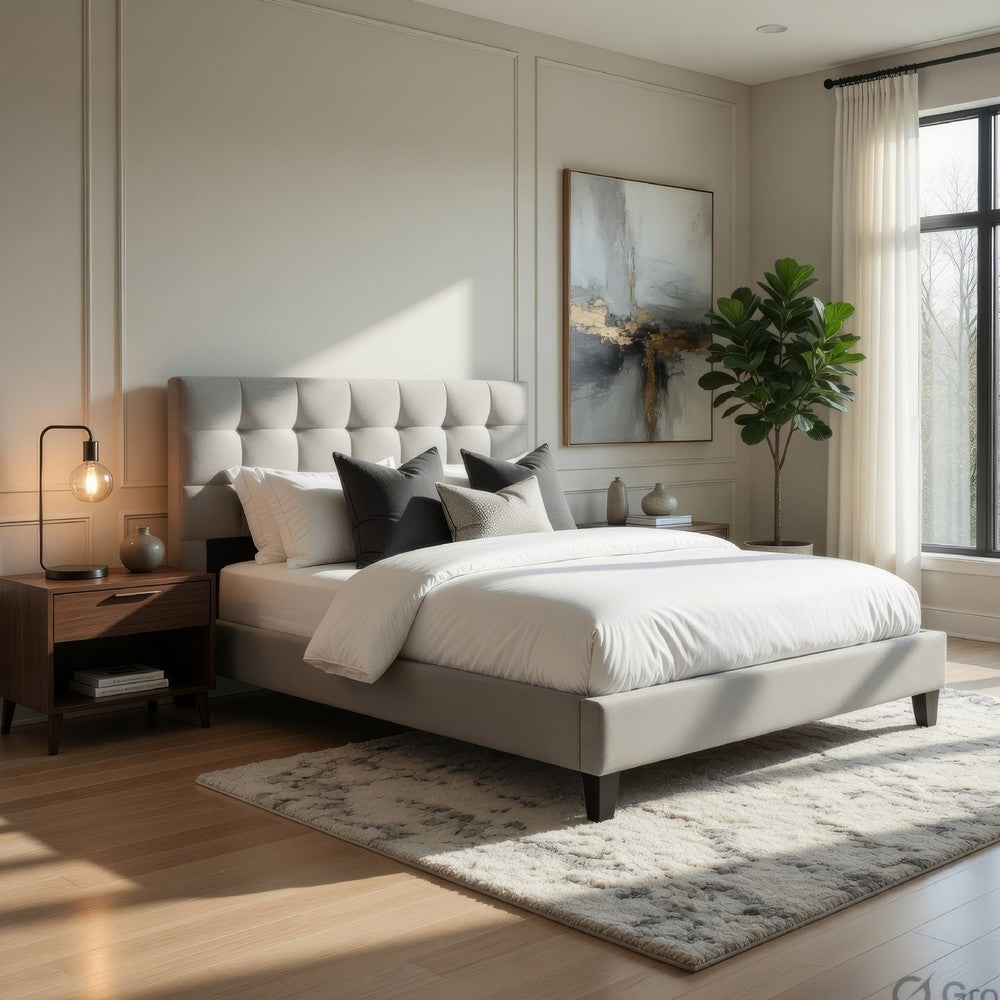 Seza Full Size Platform Bed | Tufted Light Gray Linen Upholstery