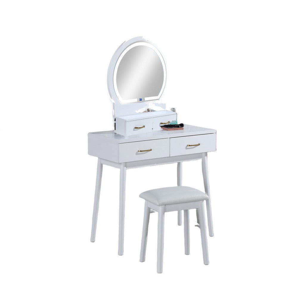3pc Vanity Set with LED Mirror | Cushioned Stool | 2 Drawers | White