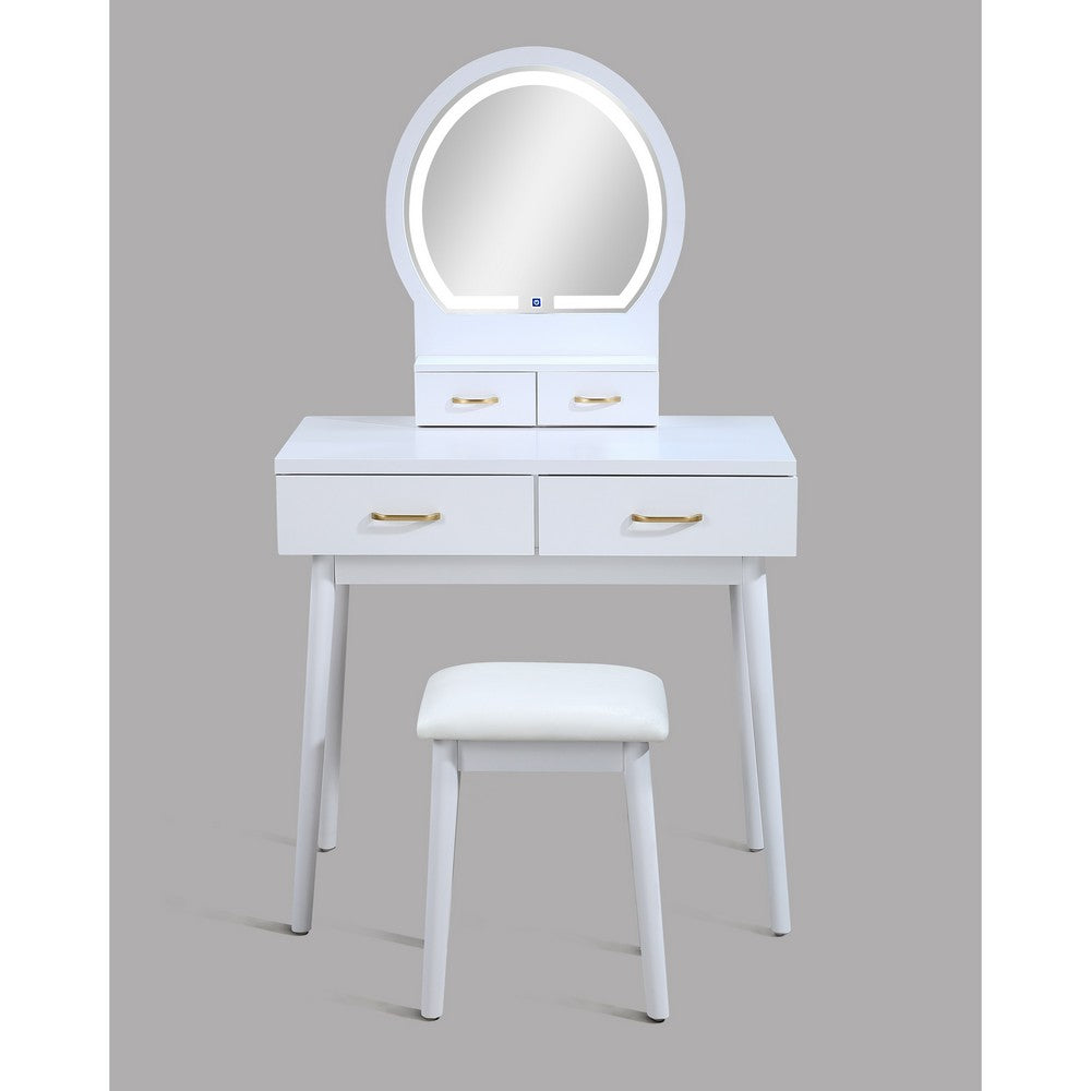 3pc Vanity Set with LED Mirror | Cushioned Stool | 2 Drawers | White